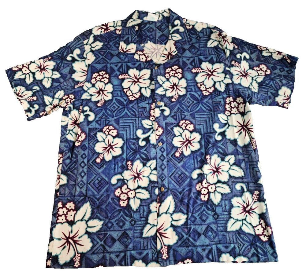 Jade Fashions Hawaiian Shirt Mens XL Blue Floral Print Cotton Aloha